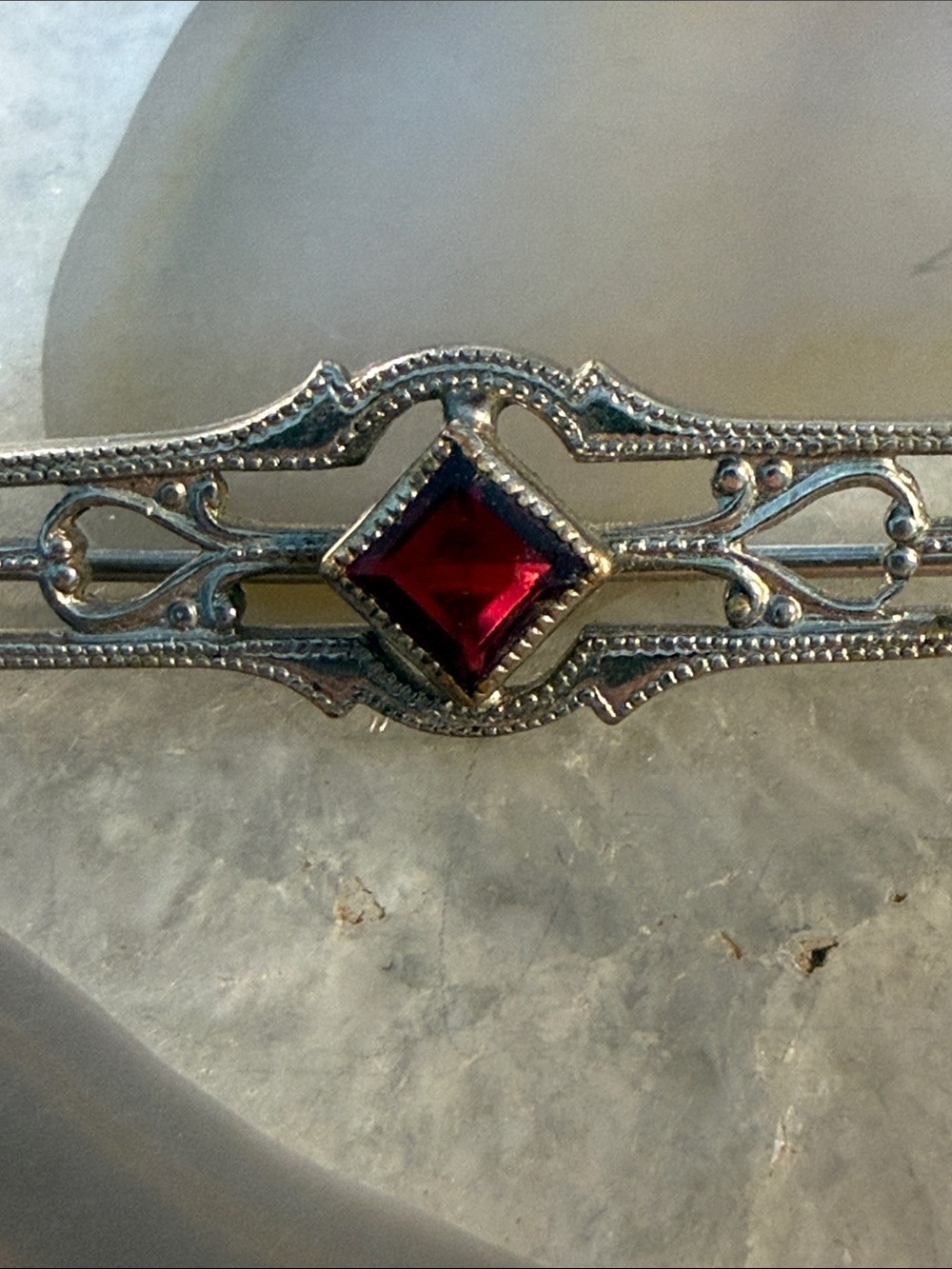 Vintage art deco Victorian? Silver Filigree Bar Brooch Red Stone Guc 2”  Dainty